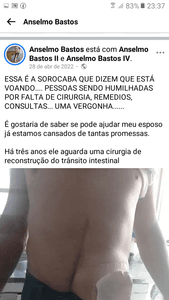 Reconstrução do trânsito intestinal esperando pelo sus a  4 anos e nada - Ajuda para realizar minha cirurgia de reconstrução do trânsito intestinal 